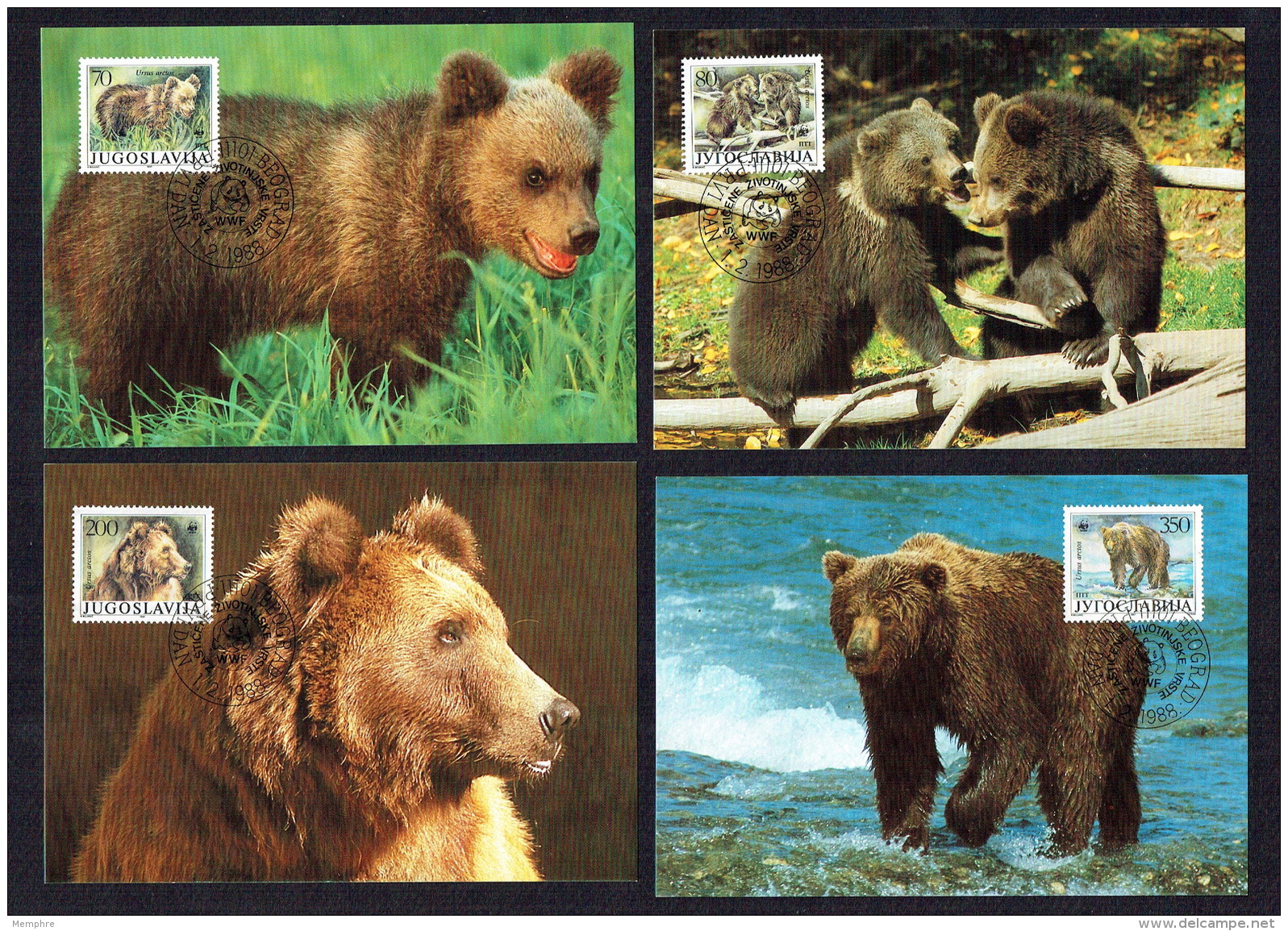 1988  Yugoslavia  Brown Bear    Set Of 4  On WWF Maximum Cards - Cartes-maximum