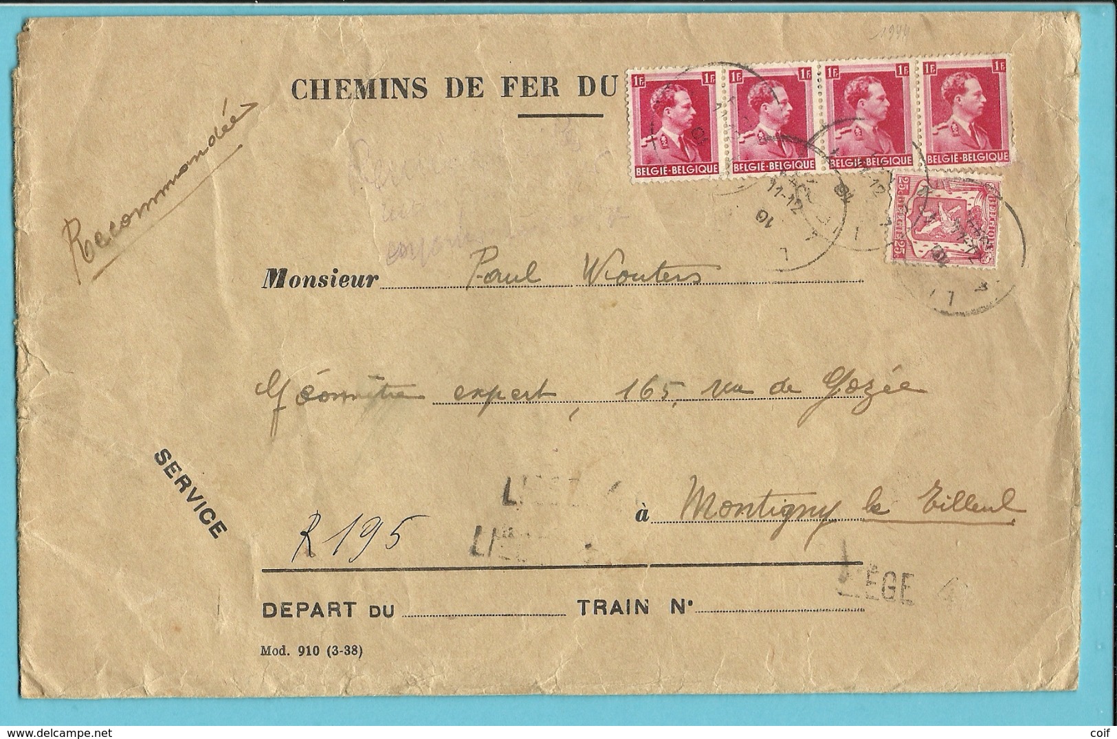 423+528 Op Brief CHEMINS DE FER DU NORD-BELGE Aangetekend Stempel LIEGE 4,met Stempel Als Noodaantekenstrookje LIEGE 4 - 1936-1957 Open Kraag