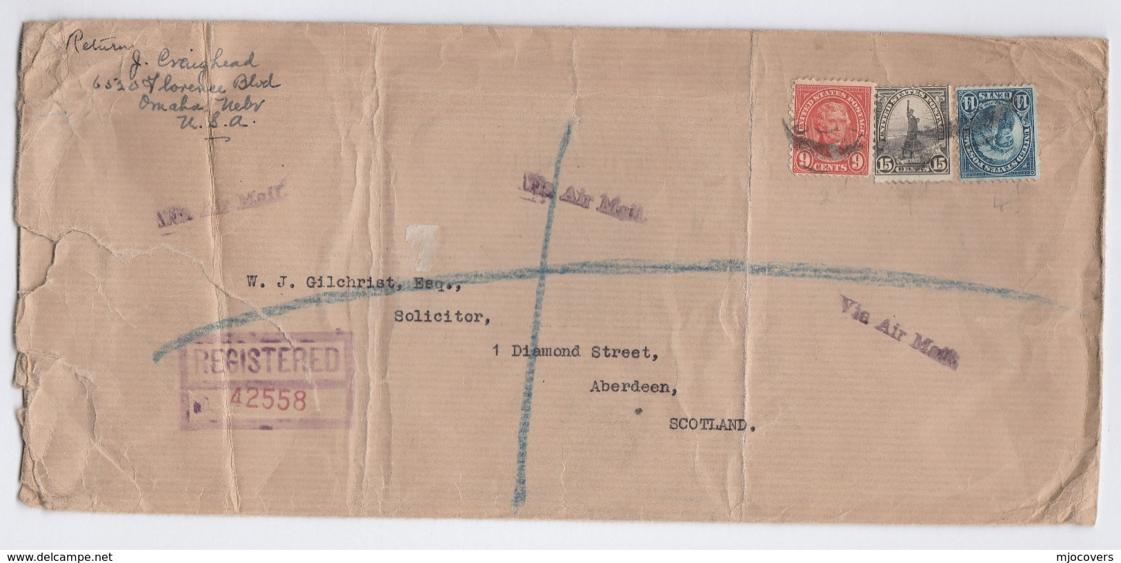 1938 REGISTERED Air Mail COVER USA  Stamps 9c 15c 14c , OMAHA United States To GB - Briefe U. Dokumente
