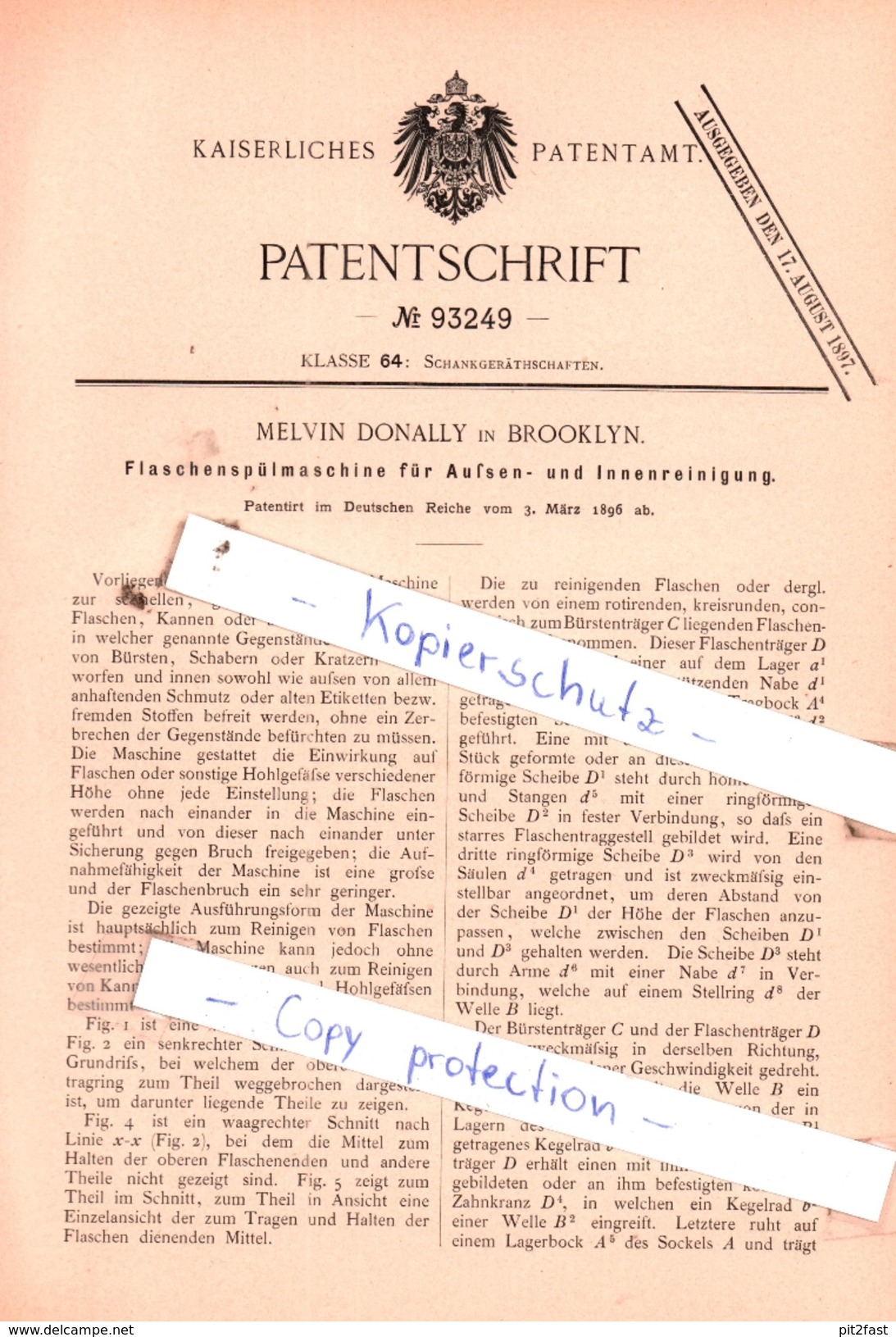 Original Patent - Melvin Donally In Brooklyn , 1896 , Flaschenspülmaschine Für Außen- Und Innenreinigung !!! - Historische Dokumente