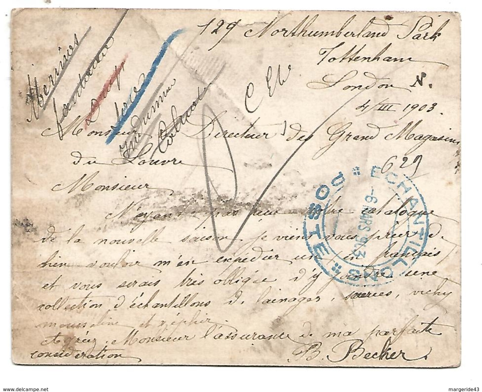 CURIEUX CACHET ECHANTILLONS POSTE DU 6/3/1903 APPOSE A L'ARRIVEE D'UNE CARTE PROVENANT DE GRANDE BRETAGNE - Manual Postmarks