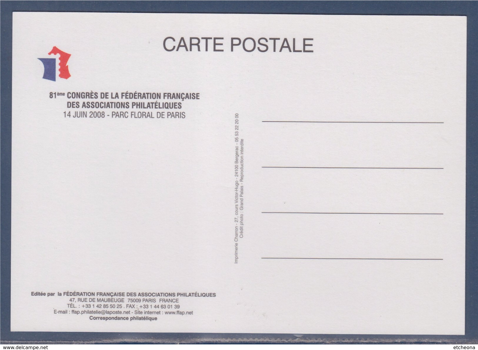 = Sur Carte Postale Vignette FFAP 81è Congrès Paris 2008 à 0.50€ Le 14 Juin 2008 - 1999-2009 Viñetas De Franqueo Illustradas