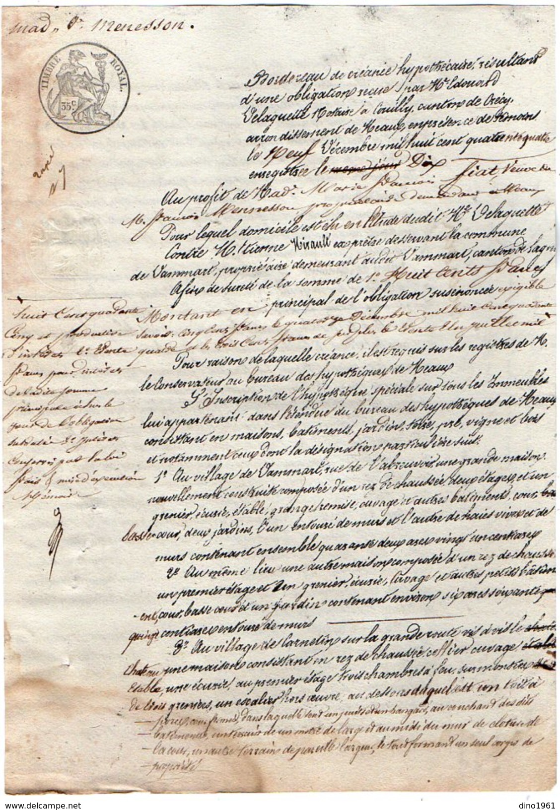 VP10.212 -1844 - COUILLY - Bordereau De Créance MENESSON à MEAUX Contre NIVAULT à DAMPMART - CARNETIN -THORIGNY - ANNET - Collections