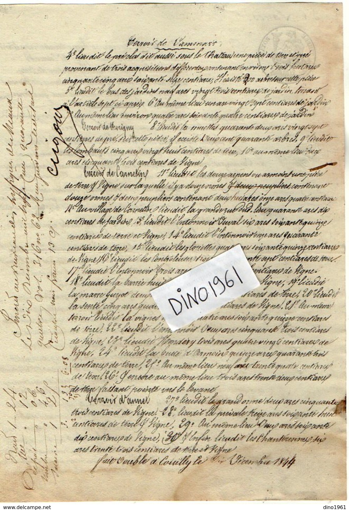 VP10.214 -1844 - COUILLY - Bordereau De Créance - LANOS à MEAUX Contre NIVAULT à DAMPMART - CARNETIN - THORIGNY - ANNET - Collections