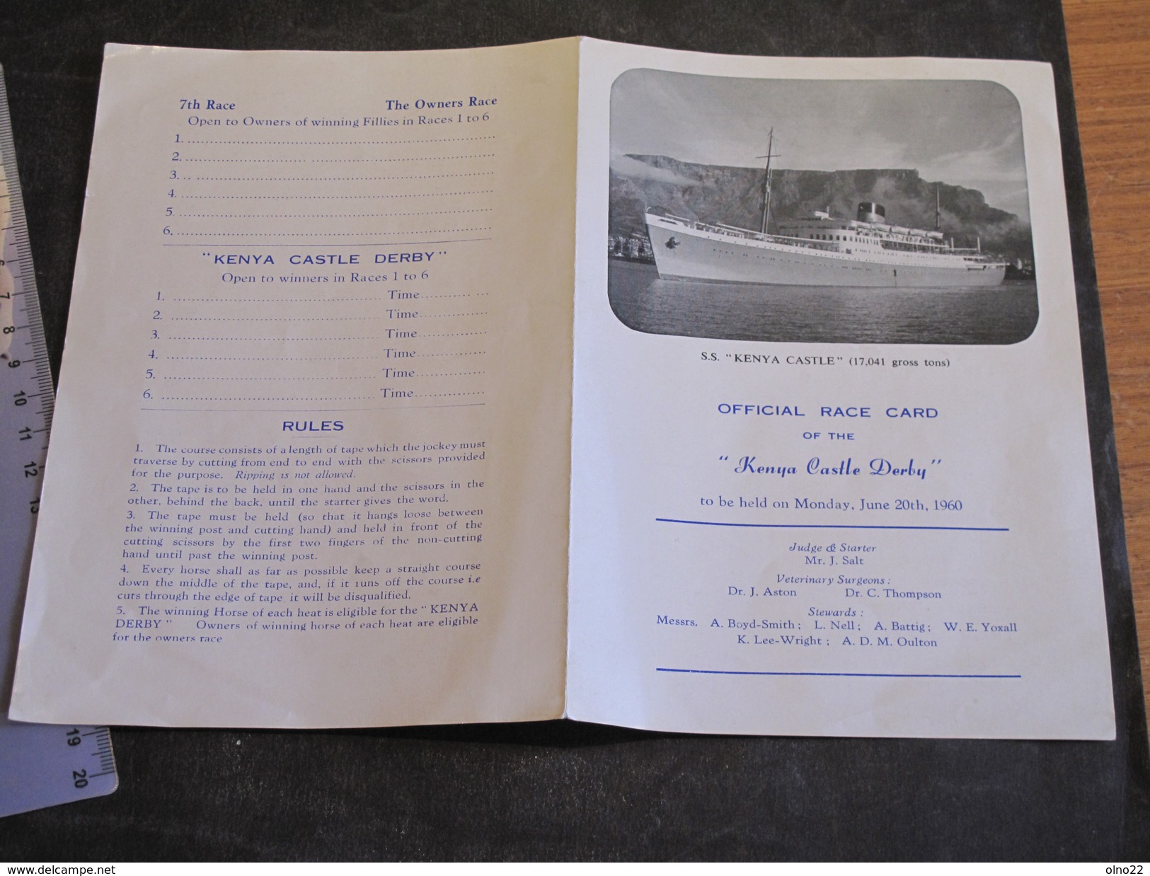 SS KENYA CASTLE - OFFICIAL RACE CARD - MONDAY JUNE 20th, 1960 - Sonstige & Ohne Zuordnung