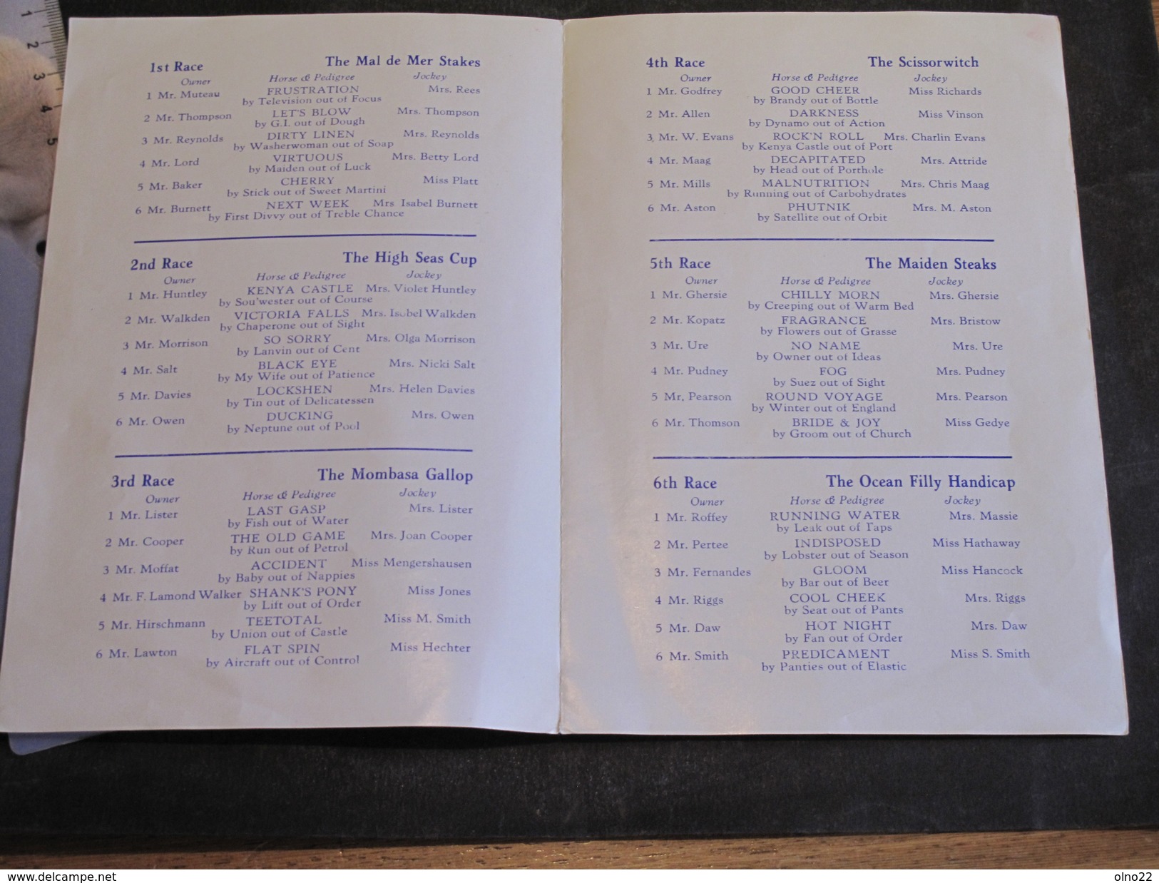 SS KENYA CASTLE - OFFICIAL RACE CARD - MONDAY JUNE 20th, 1960 - Autres & Non Classés