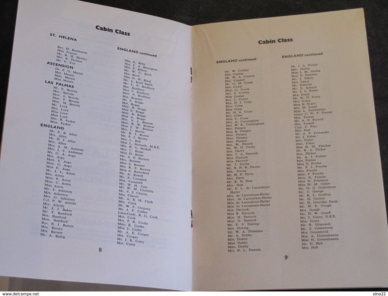 SS KENYA CASTLE - From Cape Town 8th June 1960 - List Of Passenger - Sonstige & Ohne Zuordnung