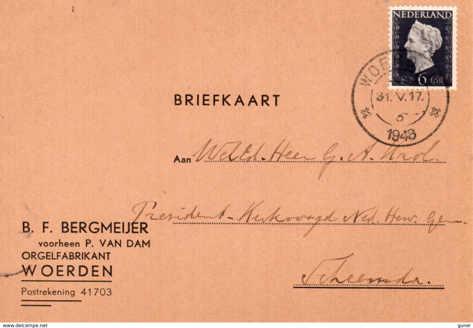 1943 Briefkaart Van Woerden Met Firmalogo (orgelfabrikant) Naar Scheemda - Marcophilie