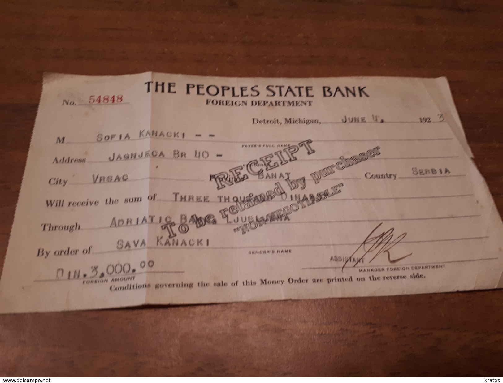 Old Cheque - USA  1923, The Peoples State Bank - Andere & Zonder Classificatie