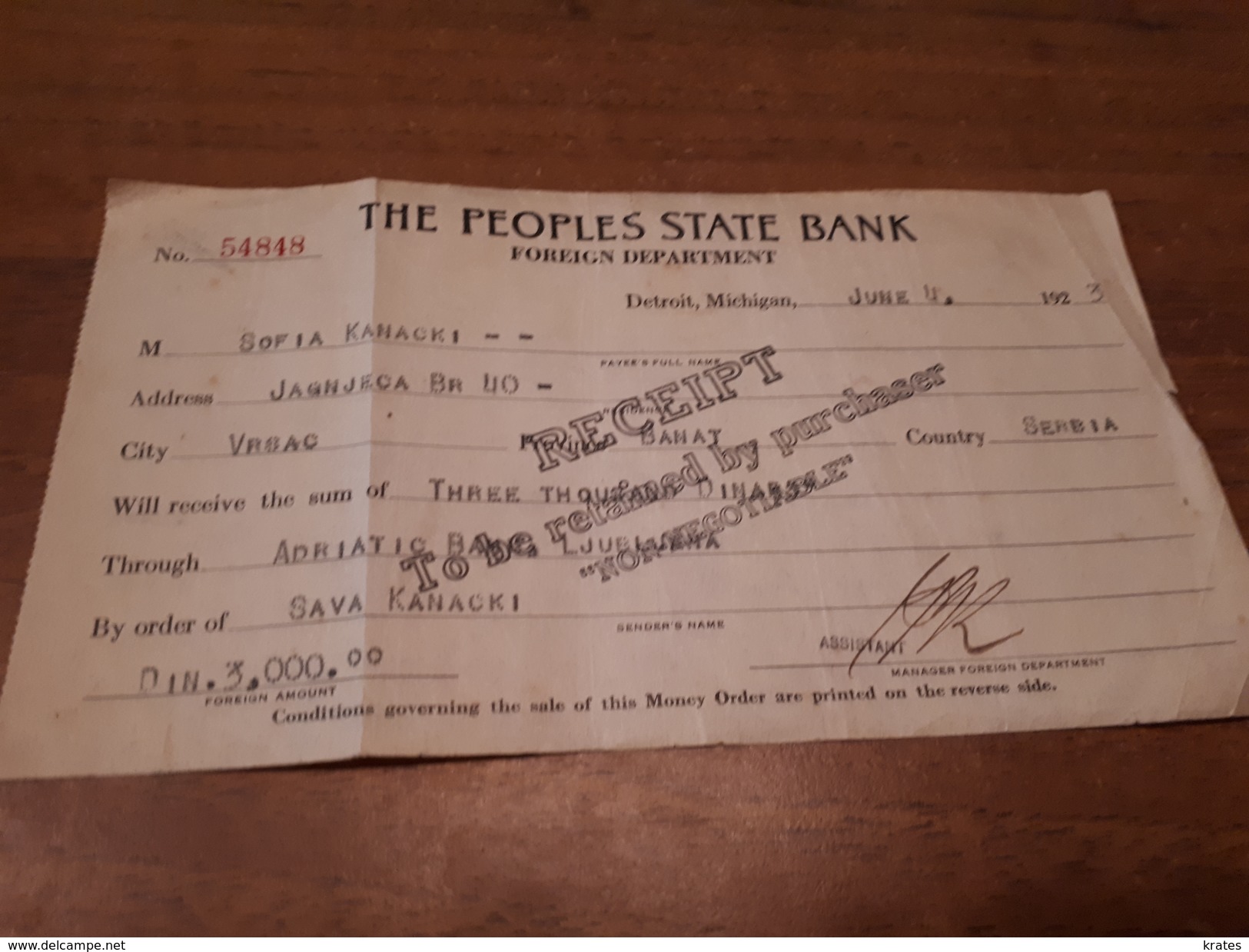 Old Cheque - USA  1923, The Peoples State Bank - Altri & Non Classificati