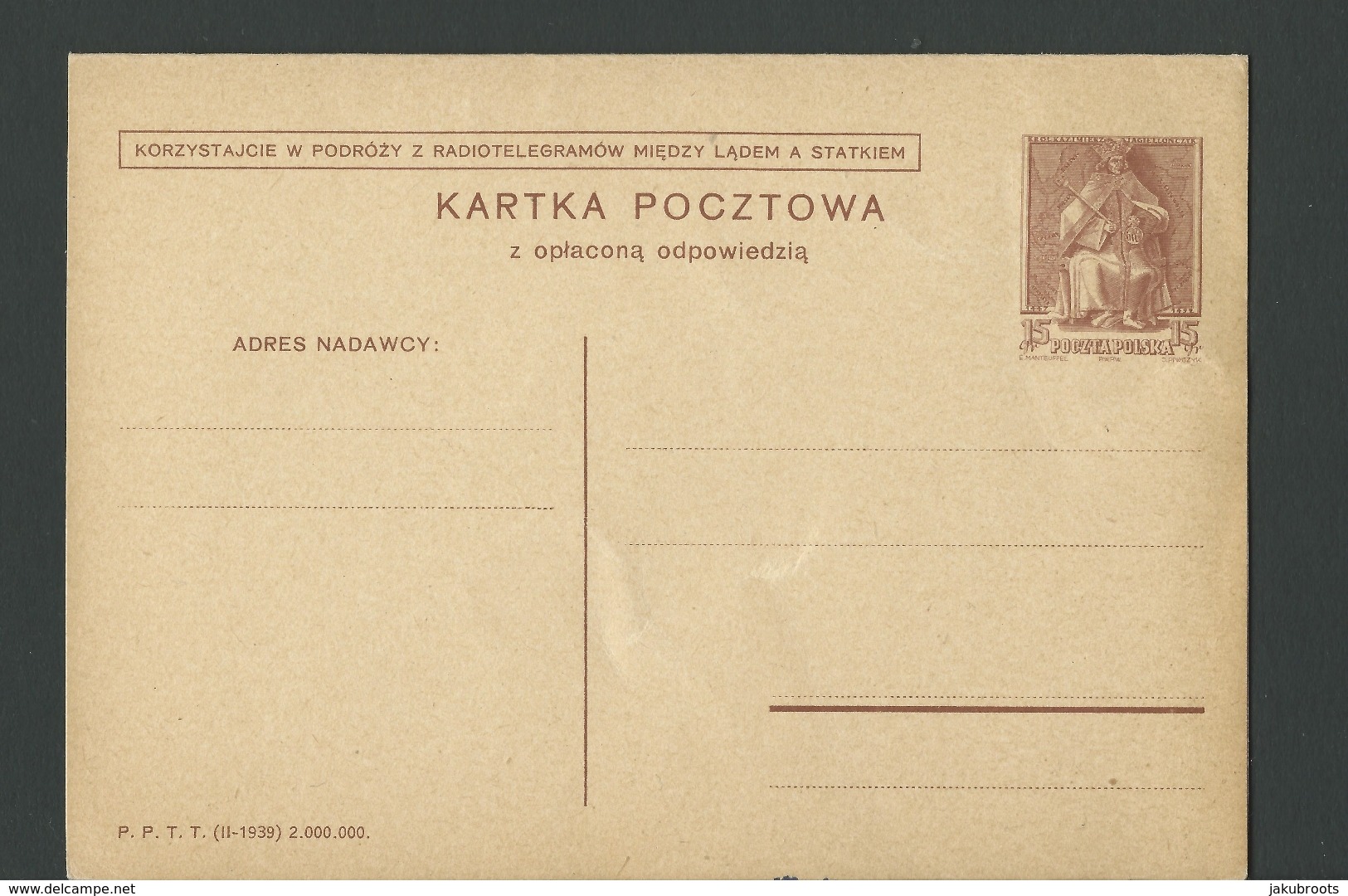 1939. REPLY  STATIONARY CARD  WITH IMPRINTED  2 X 15 Gr. STAMP UNUSED. - Poland