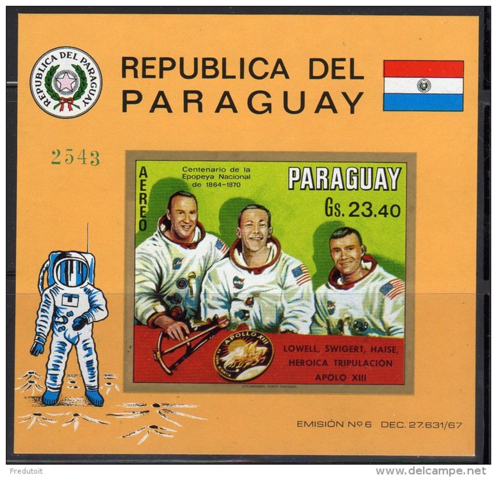 ESPACE - PARAGUAY -  BLOC  N°146  **   NON DENTELE   (1970) APOLLO 13 / ASTRONAUTES - South America