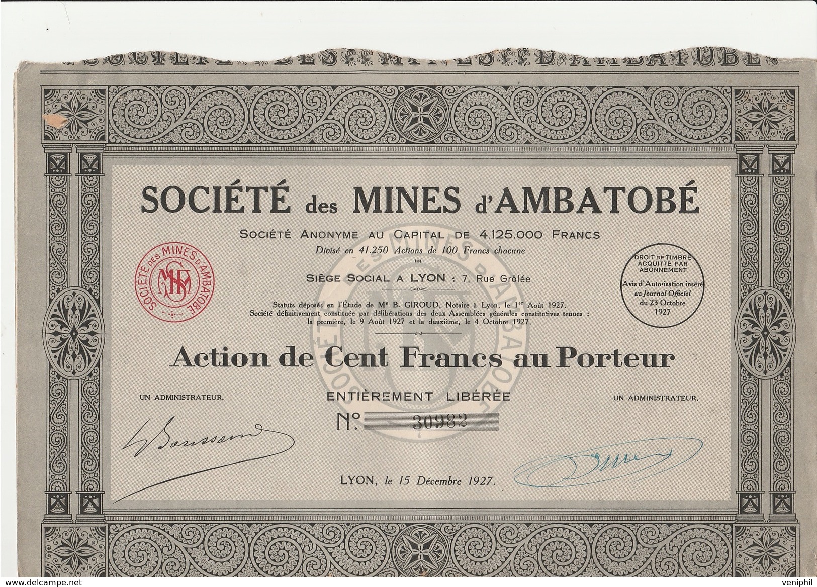 ACTION DE 100 FRANCS  "SOCIETE DES MINES D'AMBATOBE "  ANNEE 1927 - Mijnen