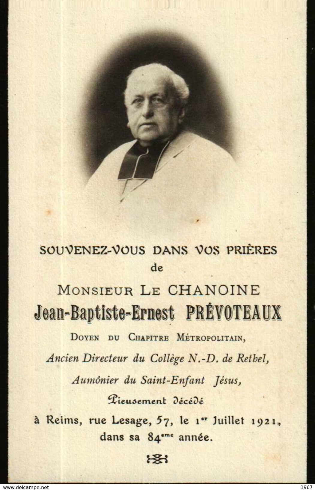 Image Religieuse Ou Pieuse - Avis De Décés  Monsieur Le Chanoine Jean-Baptiste-Ernest PREVOTEAUX à Reims En 1921 - Santini