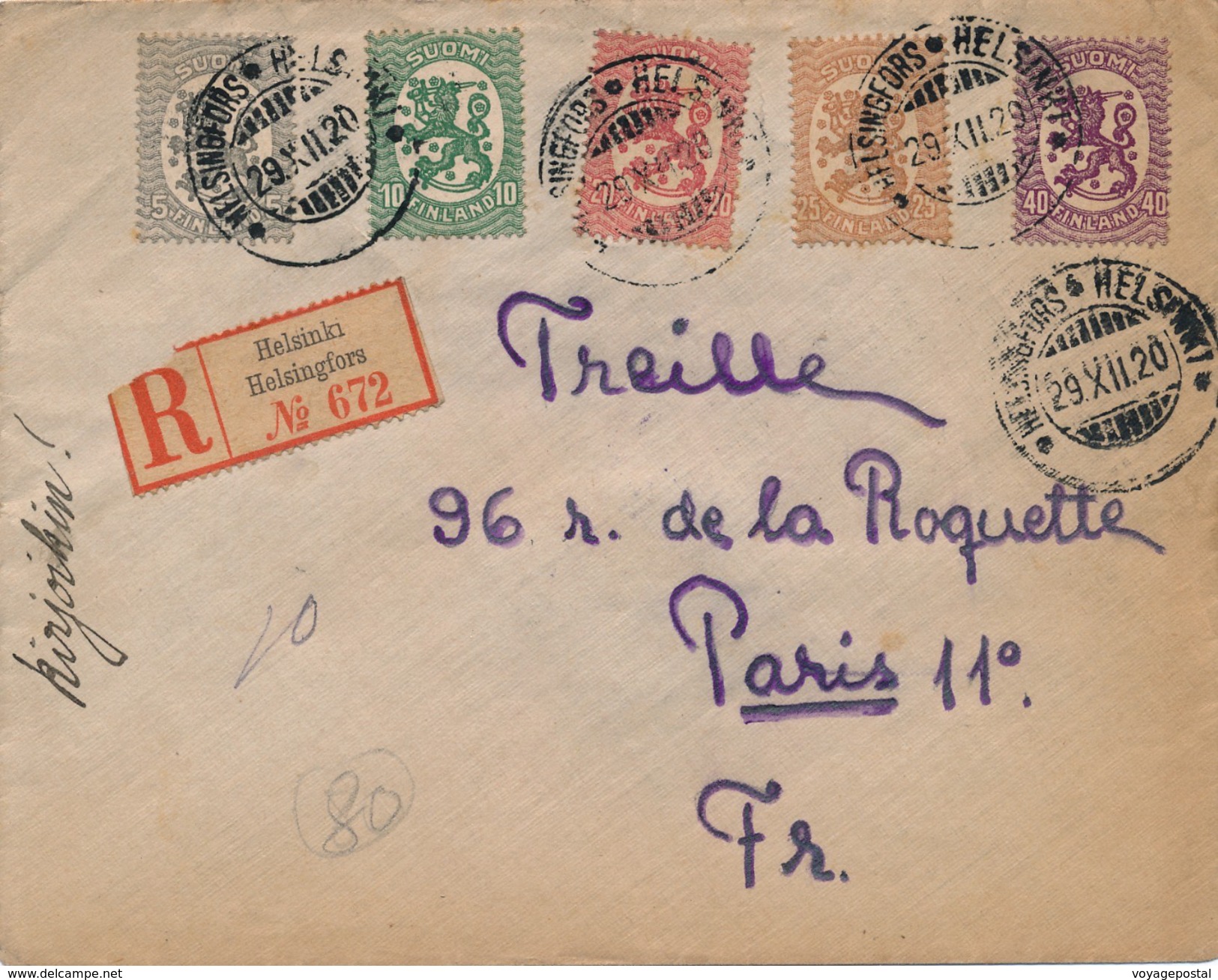 Lettre Recommandée Suomi Finlande Helsinki Pour Paris 1920 - Storia Postale