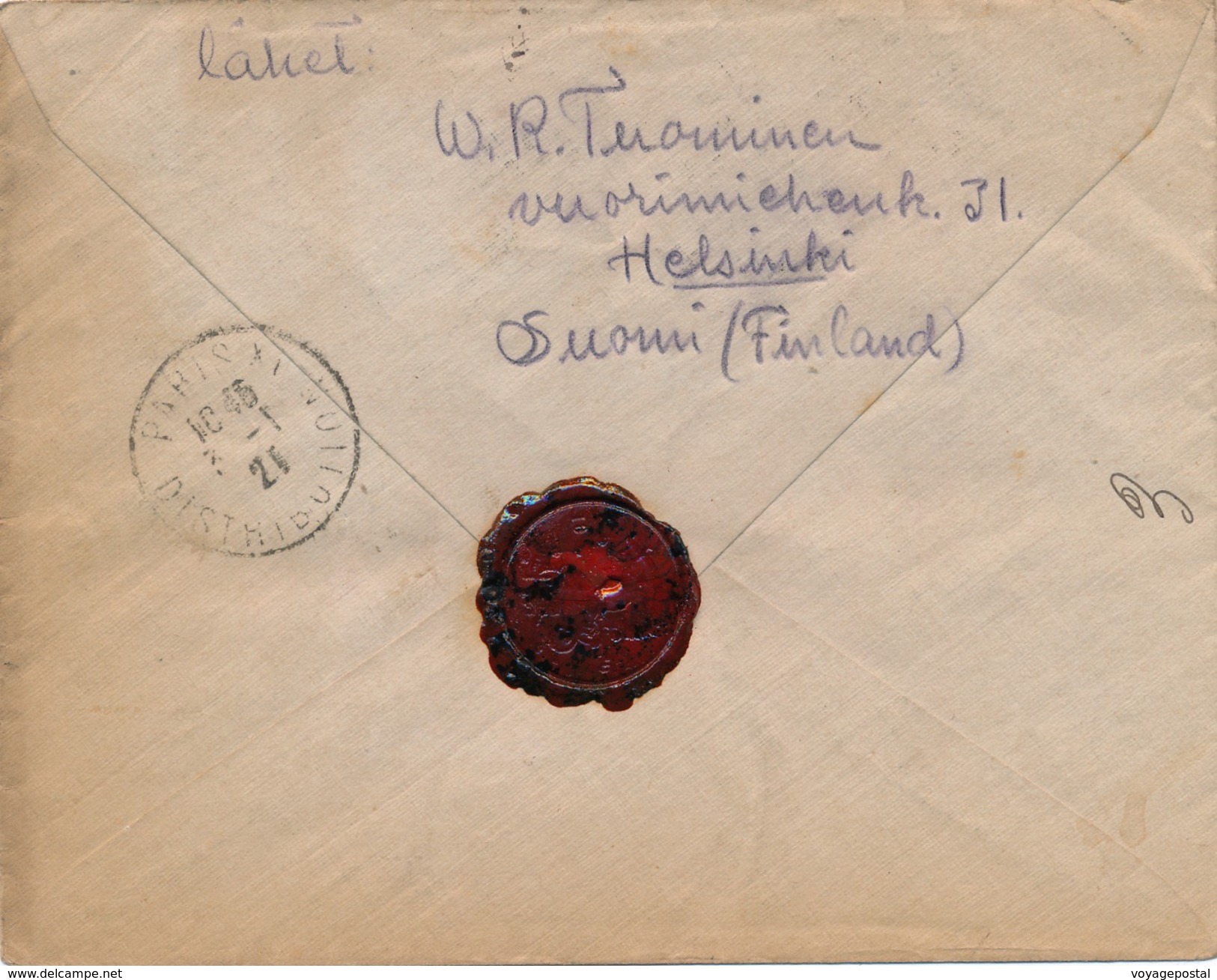Lettre Recommandée Suomi Finlande Helsinki Pour Paris 1920 - Briefe U. Dokumente