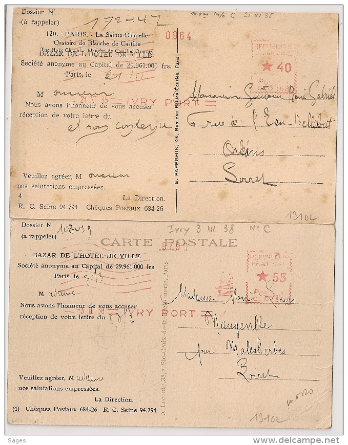 X2, BAZAR DE L'HOTEL DE VILLE, IVRY PORT Seine, C.0163. Tarifs 55c Et 40c. 1935 Et 1938. - EMA (Empreintes Machines à Affranchir)