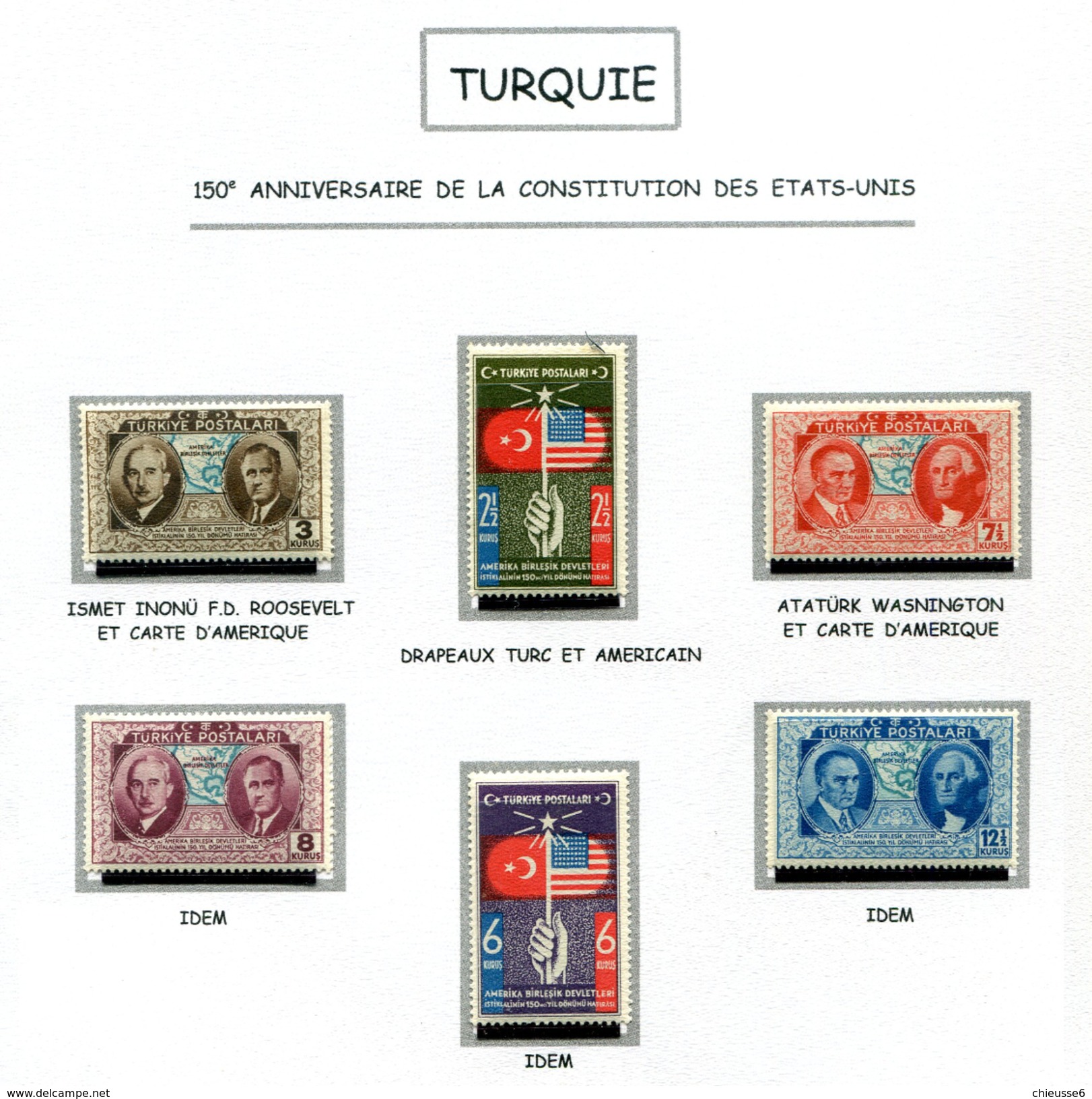 Turquie ** N° 906 à 911 - 150 E. An. De La Constitution Des Etats-Unis + Value 80% - Ungebraucht