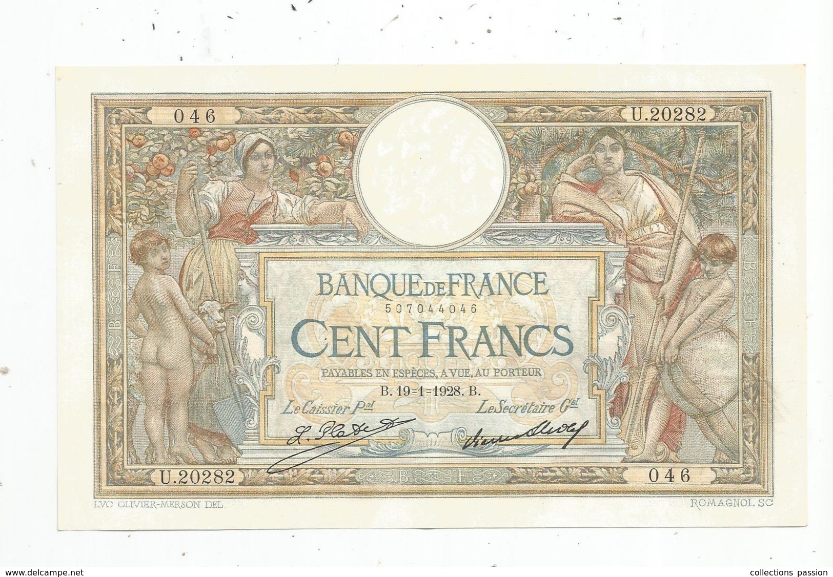 BILLET , 100 Francs , Luc Olivier Merson , 19-1-1928 , SUP+ , 2 Scans , Frais Fr : 1.55&euro; - 100 F 1908-1939 ''Luc Olivier Merson''