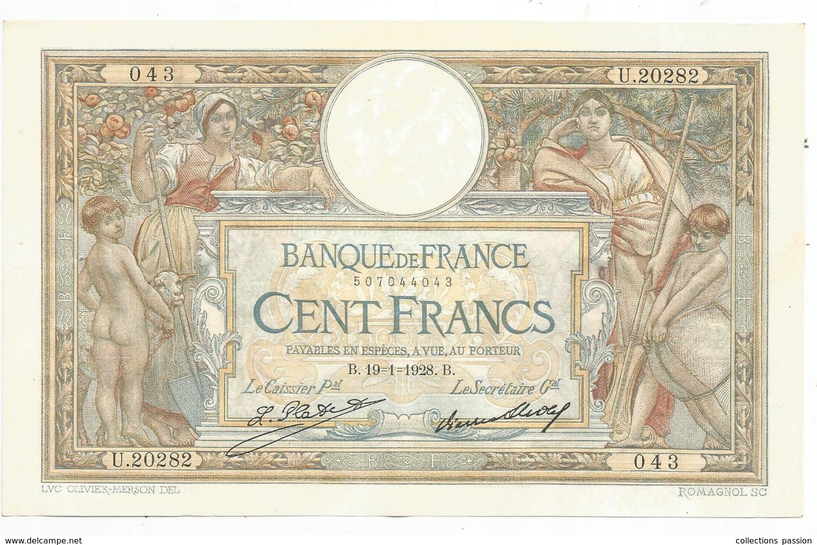 BILLET , 100 Francs , Luc Olivier Merson , 19-1-1928 , SUP+ , 2 Scans , Frais Fr : 1.55&euro; - 100 F 1908-1939 ''Luc Olivier Merson''