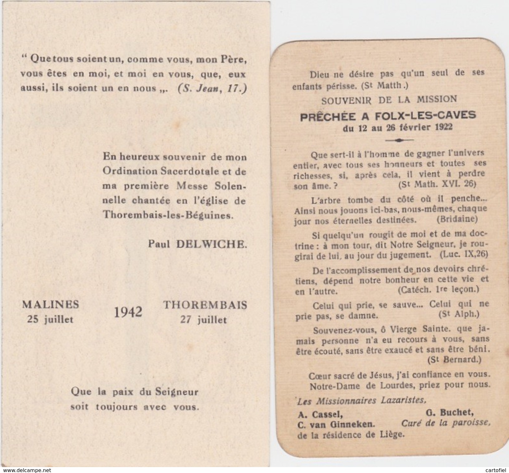 IMAGE PIEUSE-LOT DE 2 PIECES-MISSION-FOLX-LES-CAVES-1922+THOREMBAIS-1942-PRETRE-PAUL DELWICHE-VOYEZ LES 2 SCANS - Devotion Images