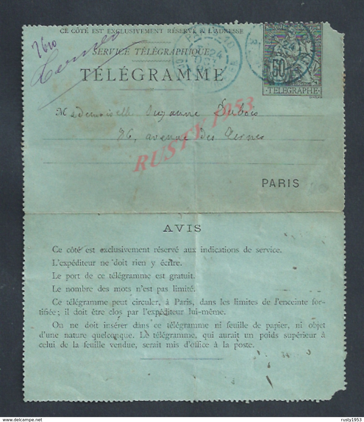 SERVICE TÉLÉGRAPHIQUE TÉLÉGRAMME 50c TÉLÉGRAPHE C À DATE PARIS 10 BLEU : - Télégraphes Et Téléphones