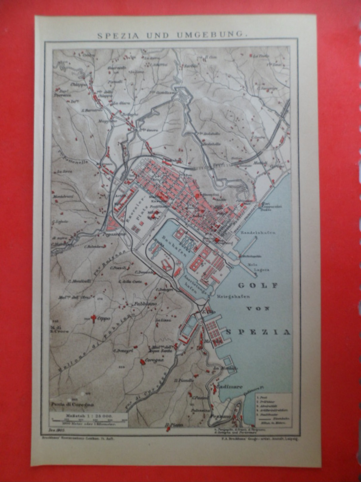 Gravure Lithographie 1901 Brockhaus Carte Plan LA SPEZIA Und Umgebung  Et Les Environs. - Carte Geographique