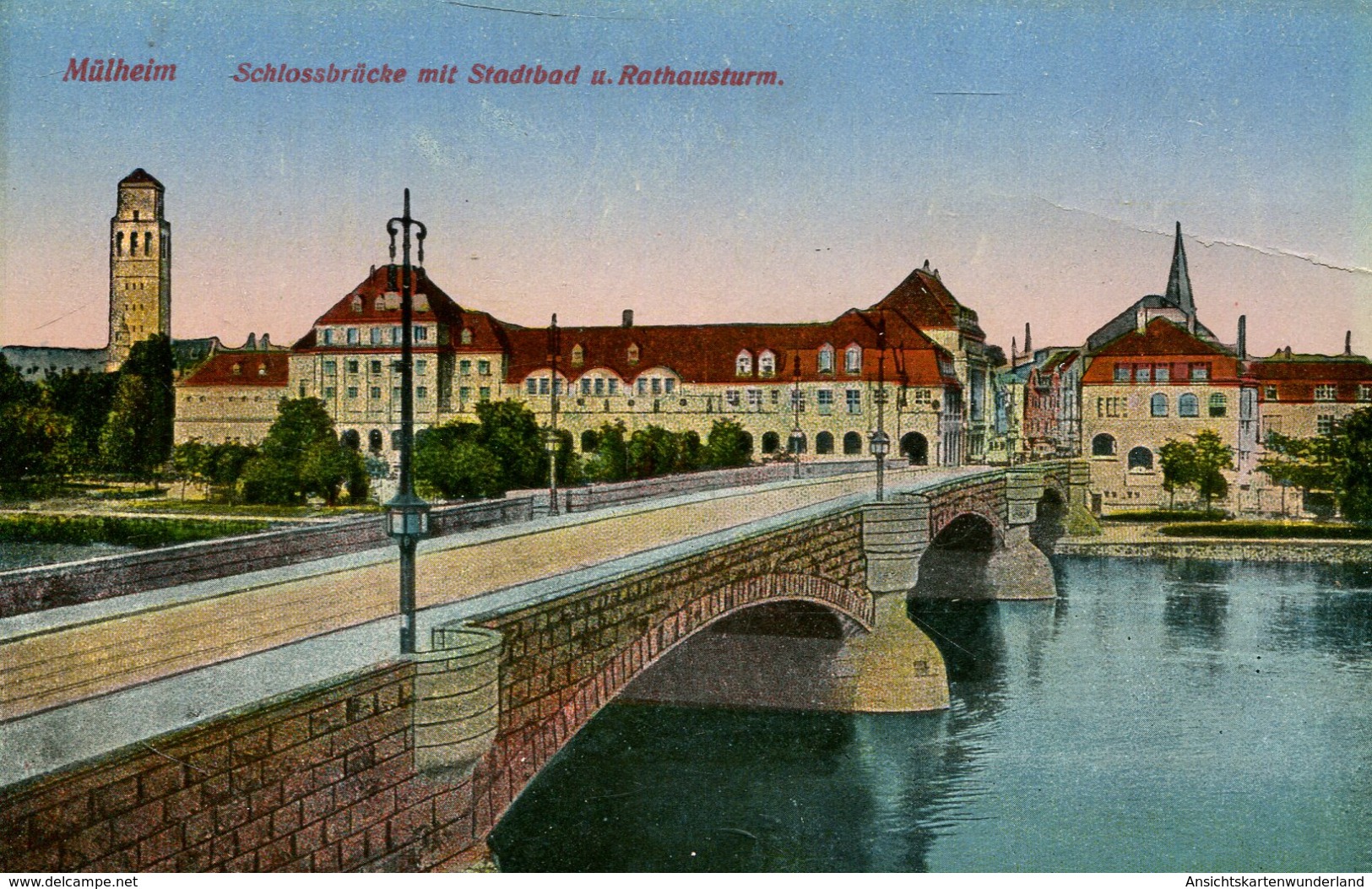 Mülheim - Schlossbrücke Mit Stadtbad U. Rathausturm 1927 (000265) - Muelheim A. D. Ruhr