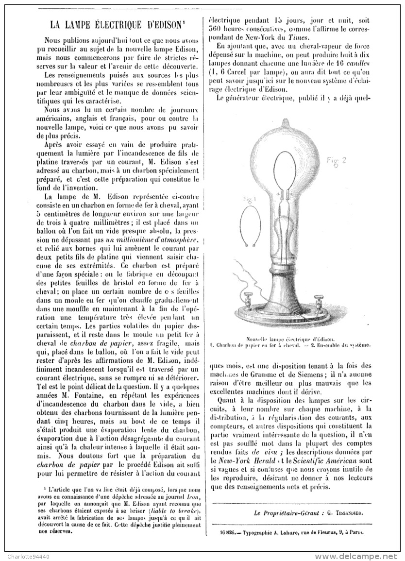 LA  LAMPE  ELECTRIQUE  D'EDISON 1880 - Autres & Non Classés