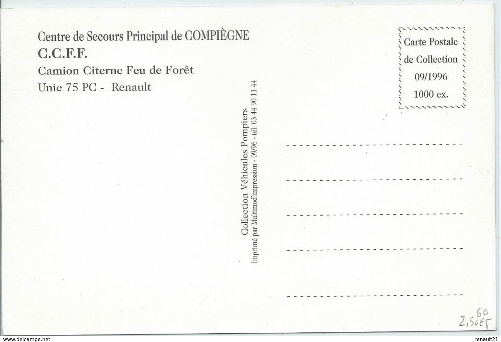 Compiègne-Centre De Secours Principal-C.C.F.F-Camion Citerne Feu De Forêt-Unic 75 PC- Renault-(CPM) - Compiegne
