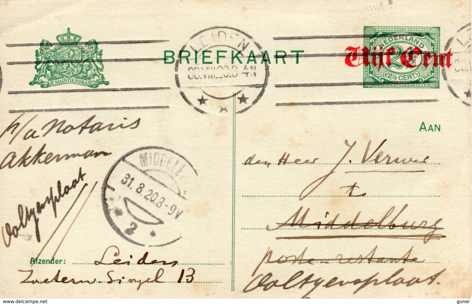 1920 Opdrukbk Van Leiden Naar Middelburg  En Door Naar Ooltgensplaat - Postal Stationery