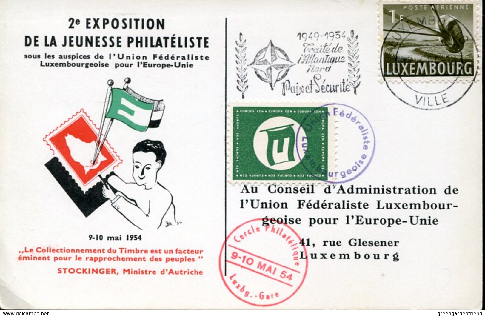 21884 Luxembourg  Card 1954 Postmark Traite Atlantique Nord NATO Union Federaliste - Covers & Documents