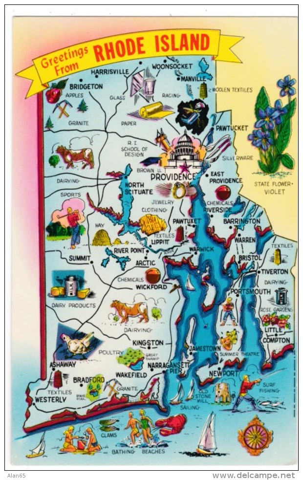 State Of Rhode Island Map Greetings, C1960s Vintage Postcard - Maps