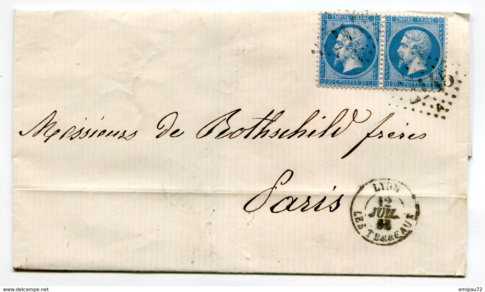 FRANCE- Lettre Sans Correspondance De 1866 De LYON LES TERREAUX (68)- GC 2145A- Y&T N°22 En Paire (DE ROTHSCHILD FRERES) - 1853-1860 Napoléon III.