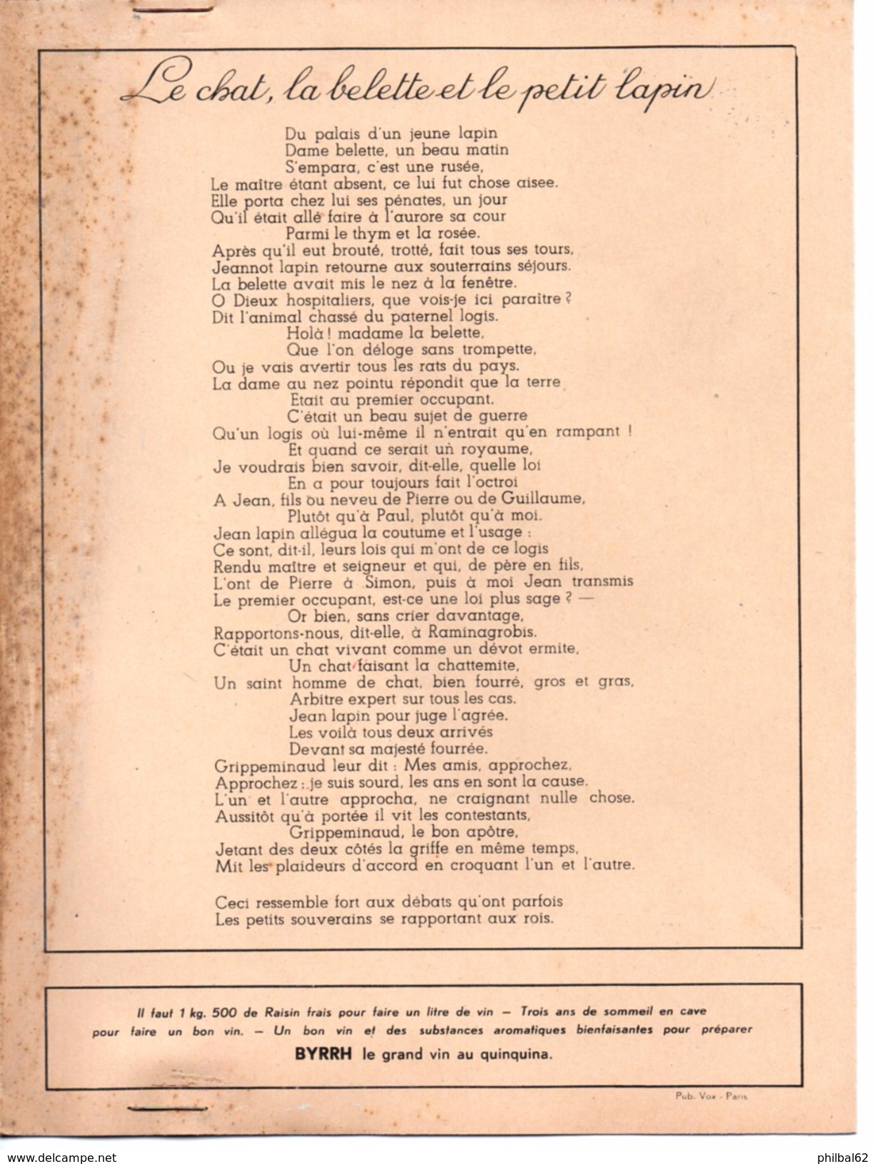 Protège-cahier Byrrh, Les Fables De La Fontaine : Le Chat, La Belette Et Le Petit Lapin. - Protège-cahiers