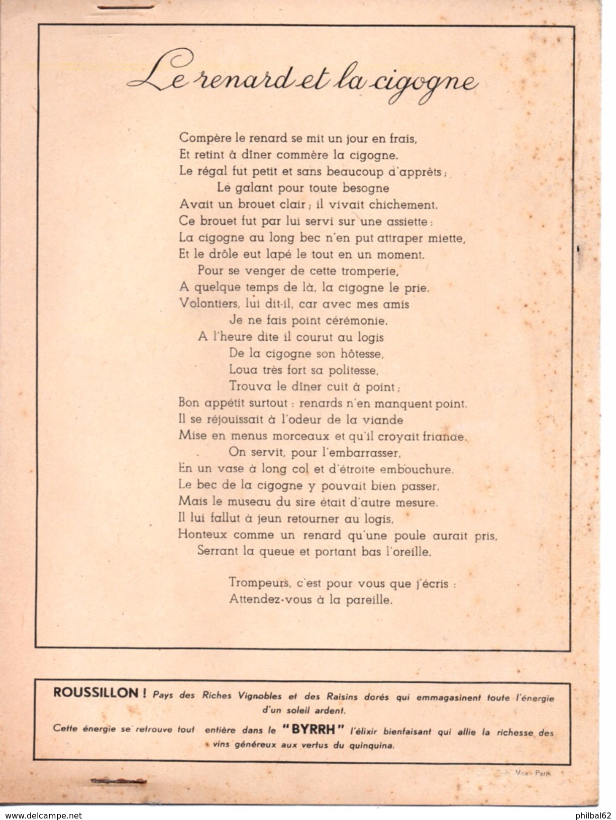 Protège-cahier Byrrh, Les Fables De La Fontaine : Le Renard Et La Cigogne. - Protège-cahiers