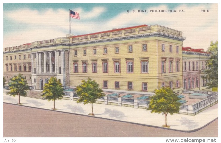 Philadelphia Mint, US Coin Production Building, C1930s Vintage Linen Postcard - Monnaies (représentations)