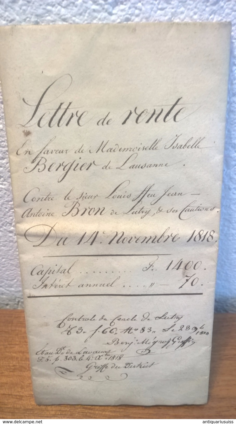 Lettre De Rente - 1818 - Lausanne - Lutry - Canton De Vaud - Documents Historiques