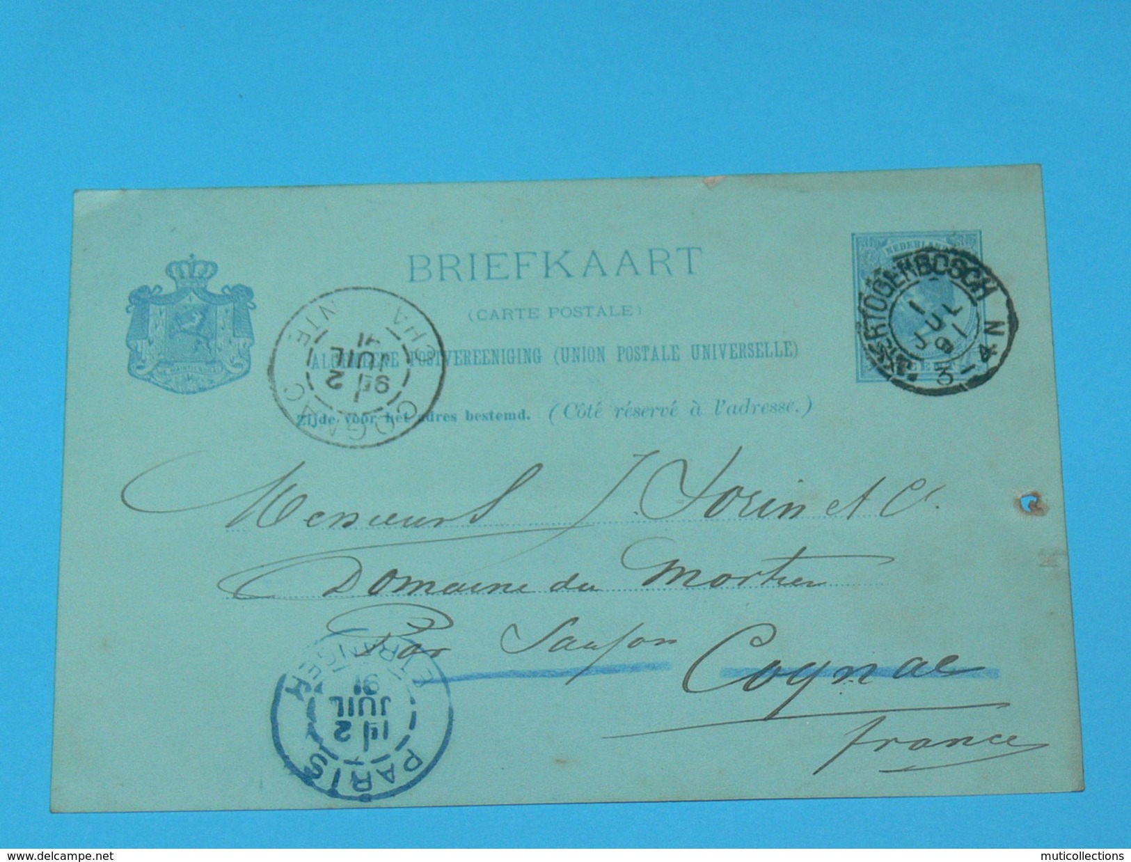 ENTIER POSTAL /Briefkaart G.27 / CARTE POSTALE 1887 / DE S Hertogenbosh BOIS LE DUC / A SAUJON  / COGNAC DOMAINE MORTIER - Postal Stationery