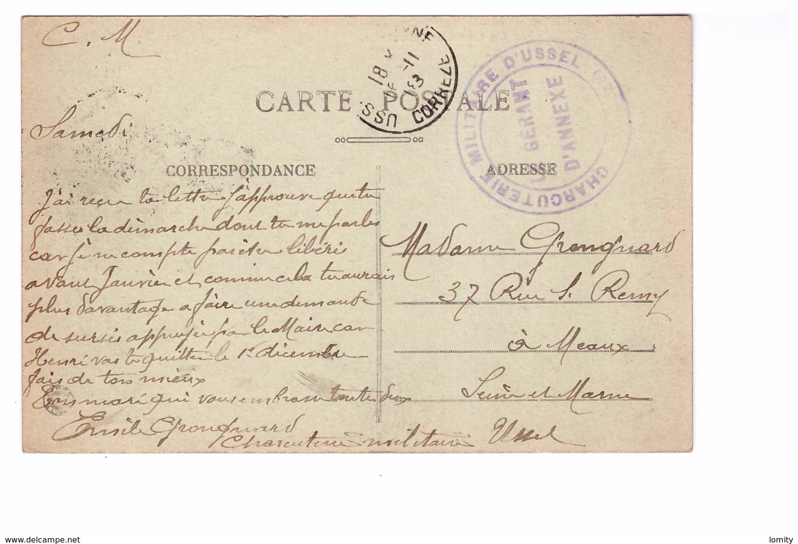 Marcophilie Cachet Charcuterie Militaire D' Ussel Sur Cpa Usine Hydro Electrique De La Bessette Cachet 1918 - Guerre De 1914-18