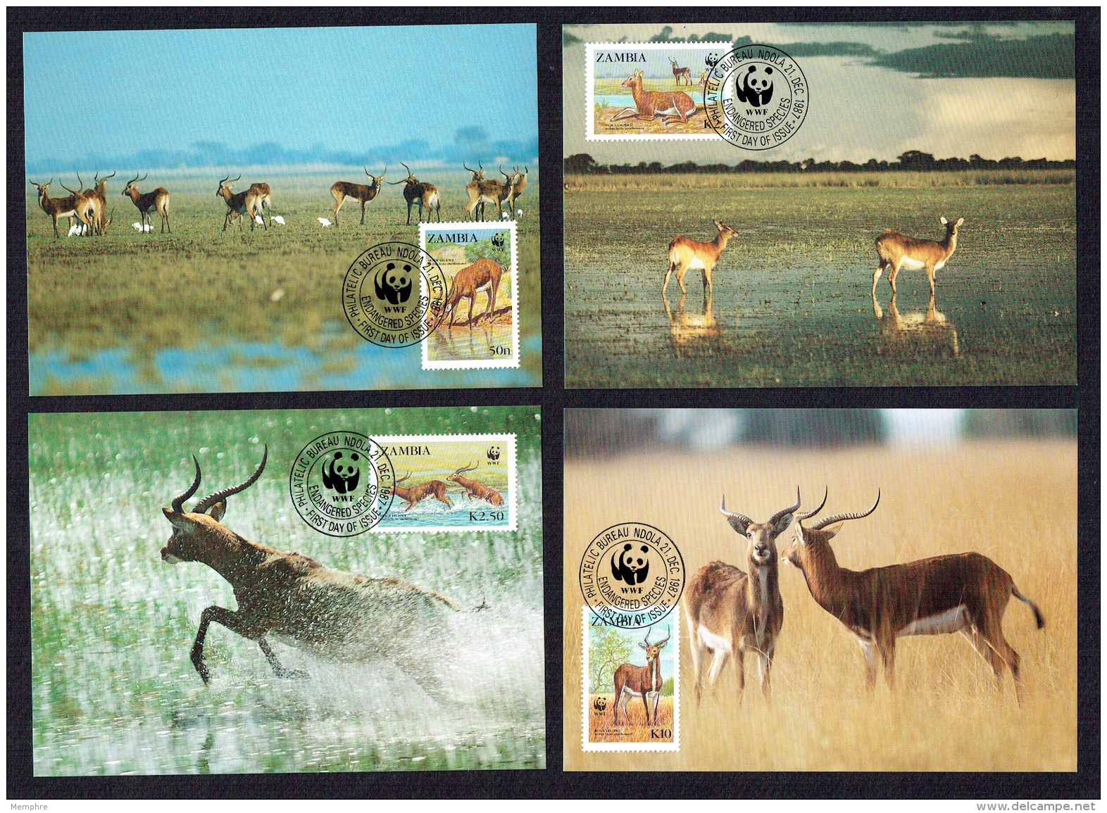 1987  ZAMBIA Black Lechwe - Antelope -   Set Of 4 On WWF  Maximum Cards - Zambie (1965-...)