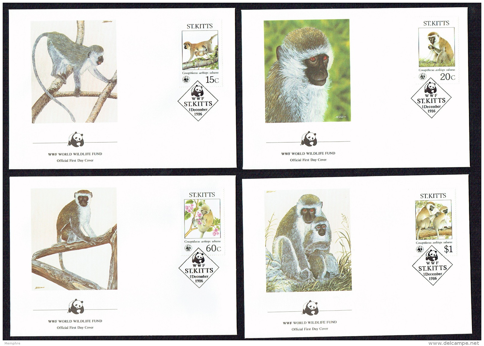 1986  ST KITTS - Green Monkey     Set Of 4 On WWF FDCs - St.Kitts Und Nevis ( 1983-...)