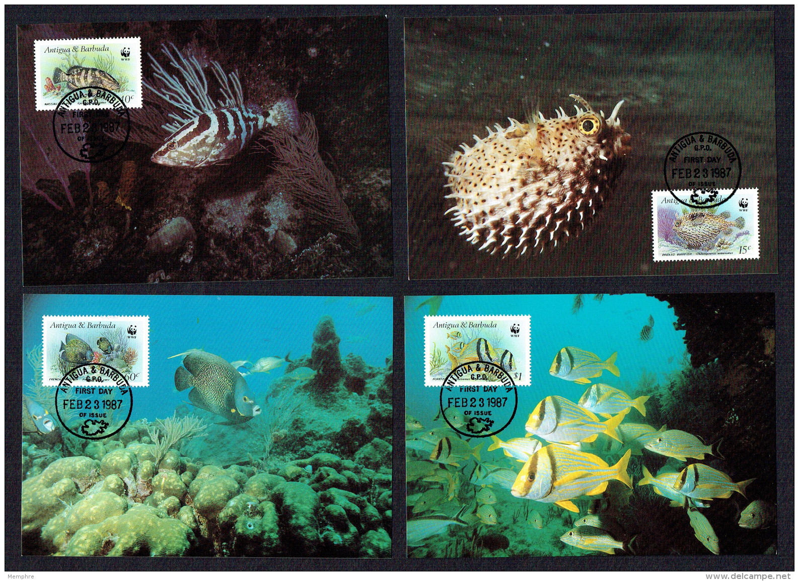 1987 ANTIGUA &amp; BARUDA - Fishes -    Set Of 4 On WWF  Maximum Cards - Antigua And Barbuda (1981-...)