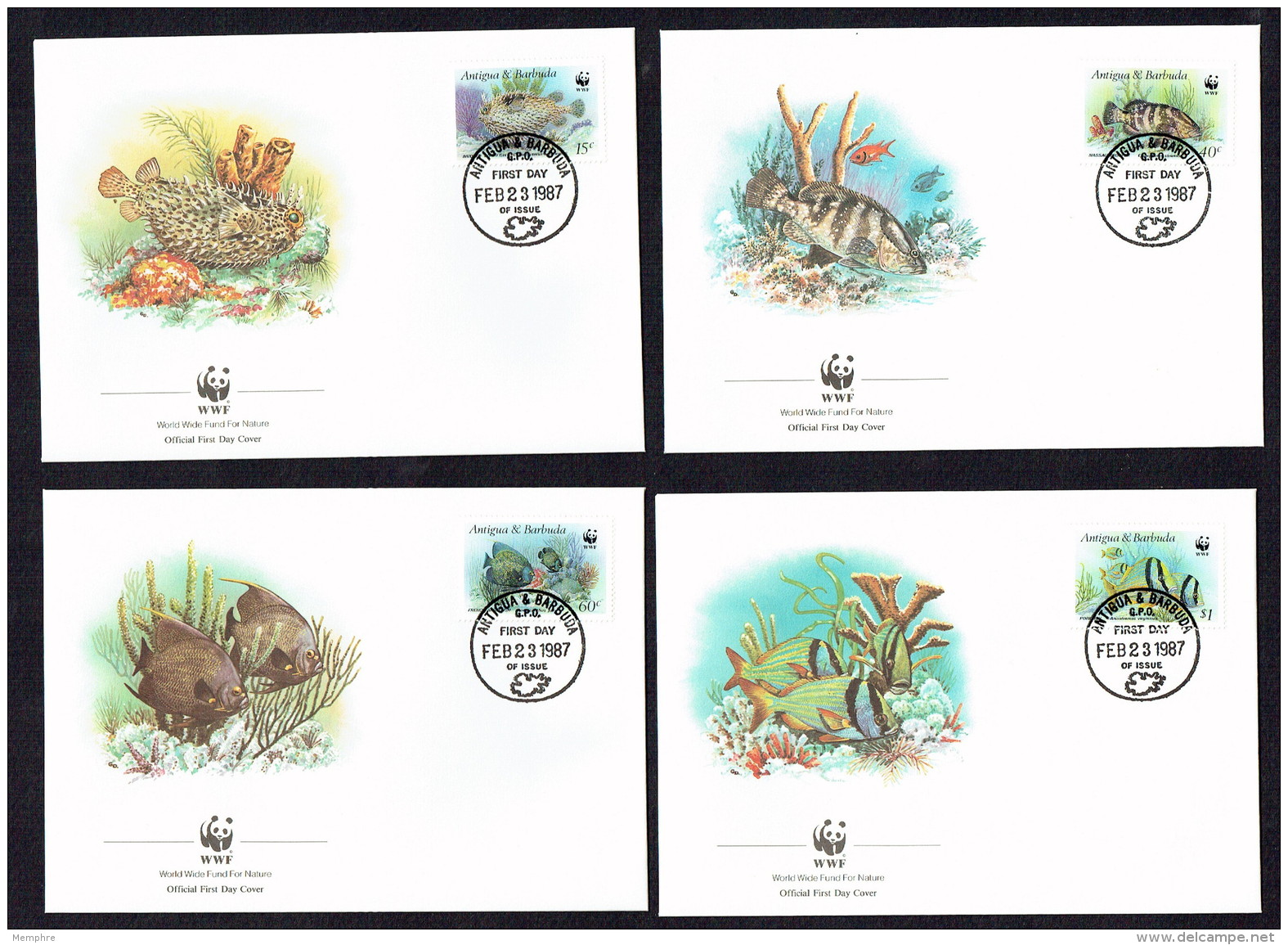 1987 ANTIGUA &amp; BARUDA - Fishes -    Set Of 4 On WWF  FDCs - Antigua Und Barbuda (1981-...)