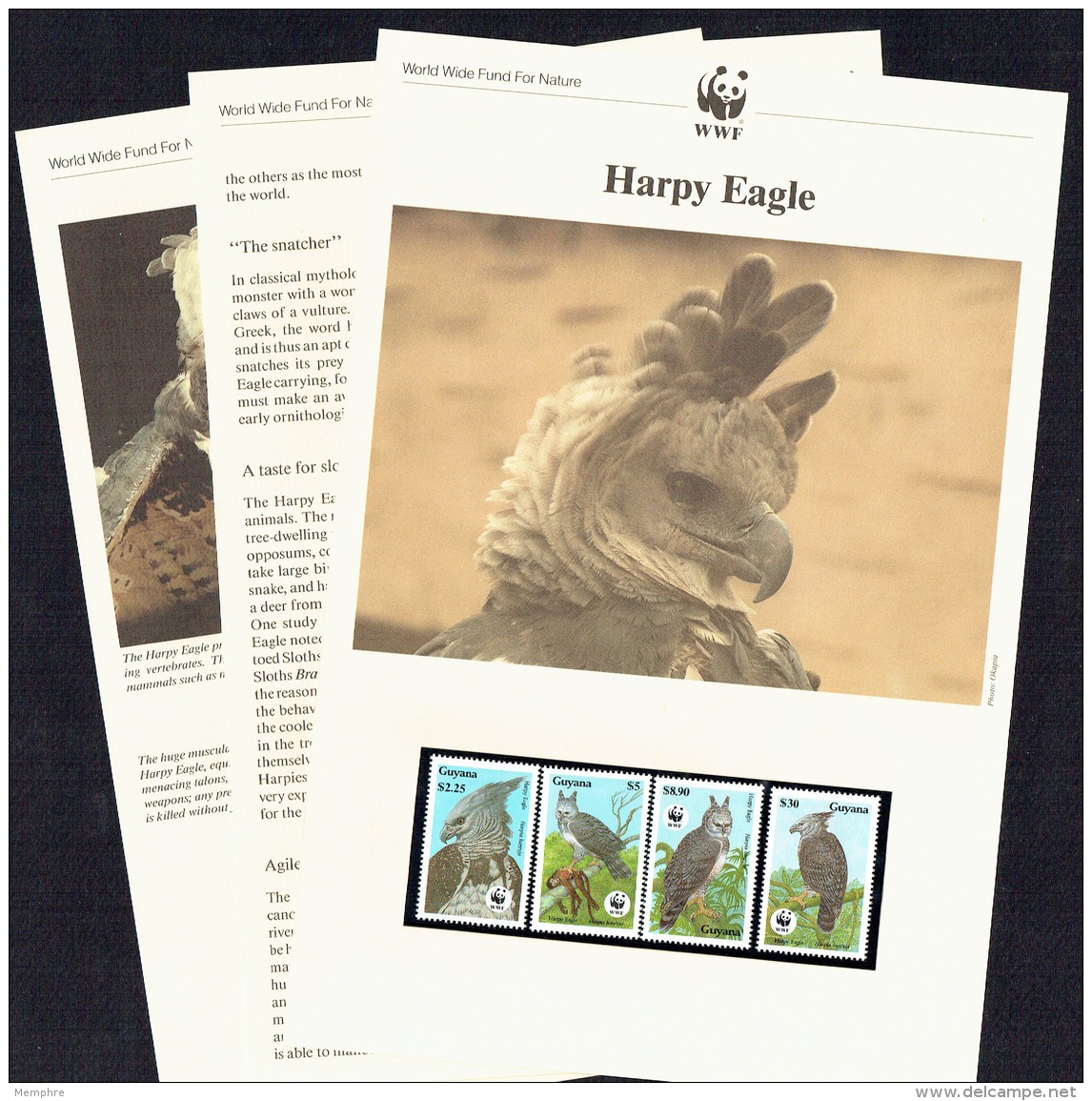 1990 GUYANA Harpy Eagle  -   MNH Set Of 4 On WWF Illustrated Descriptive Sheets - Ungebraucht