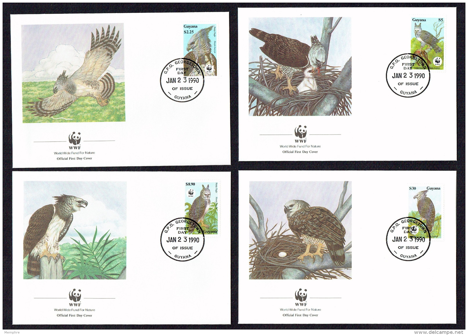 1990 GUYANA Harpy Eagle  -    Set Of 4 On WWF FDCs - Guyana (1966-...)