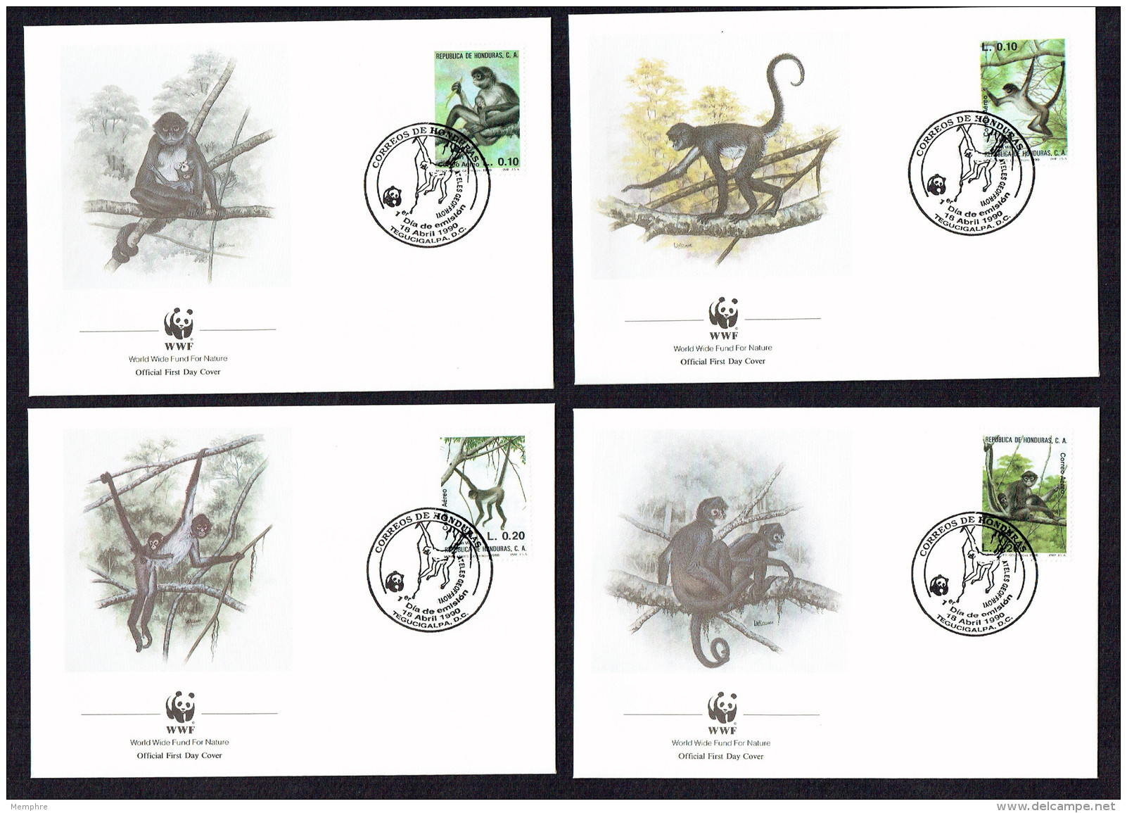 1990  HONDURAS Geoffroy's Spider Monkey   -    Set Of 4 On WWF FDCs - Honduras