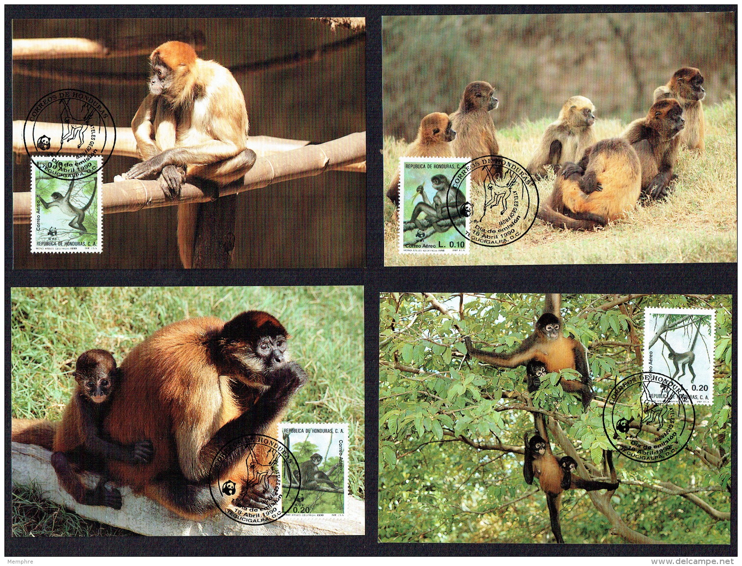 1990  HONDURAS Geoffroy's Spider Monkey   -    Set Of 4 On WWF Maximum Cards - Honduras