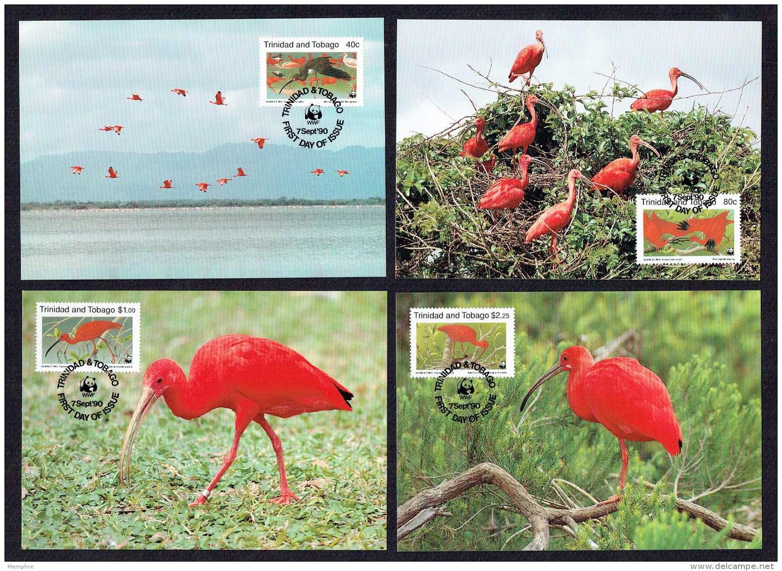 1990  TRINIDAD &amp; TOBAGO  Scarlet Ibis -    Set Of 4 On WWF Maximum Cards - Trinité & Tobago (1962-...)