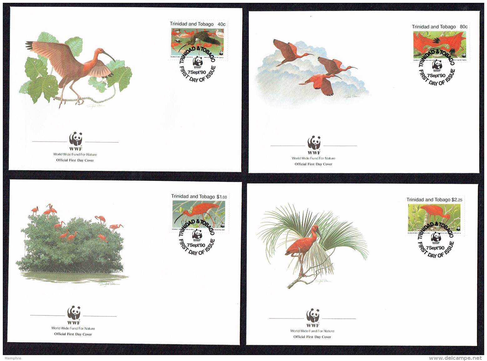 1990  TRINIDAD &amp; TOBAGO  Scarlet Ibis -    Set Of 4 On WWF FDCs - Trinidad Y Tobago (1962-...)